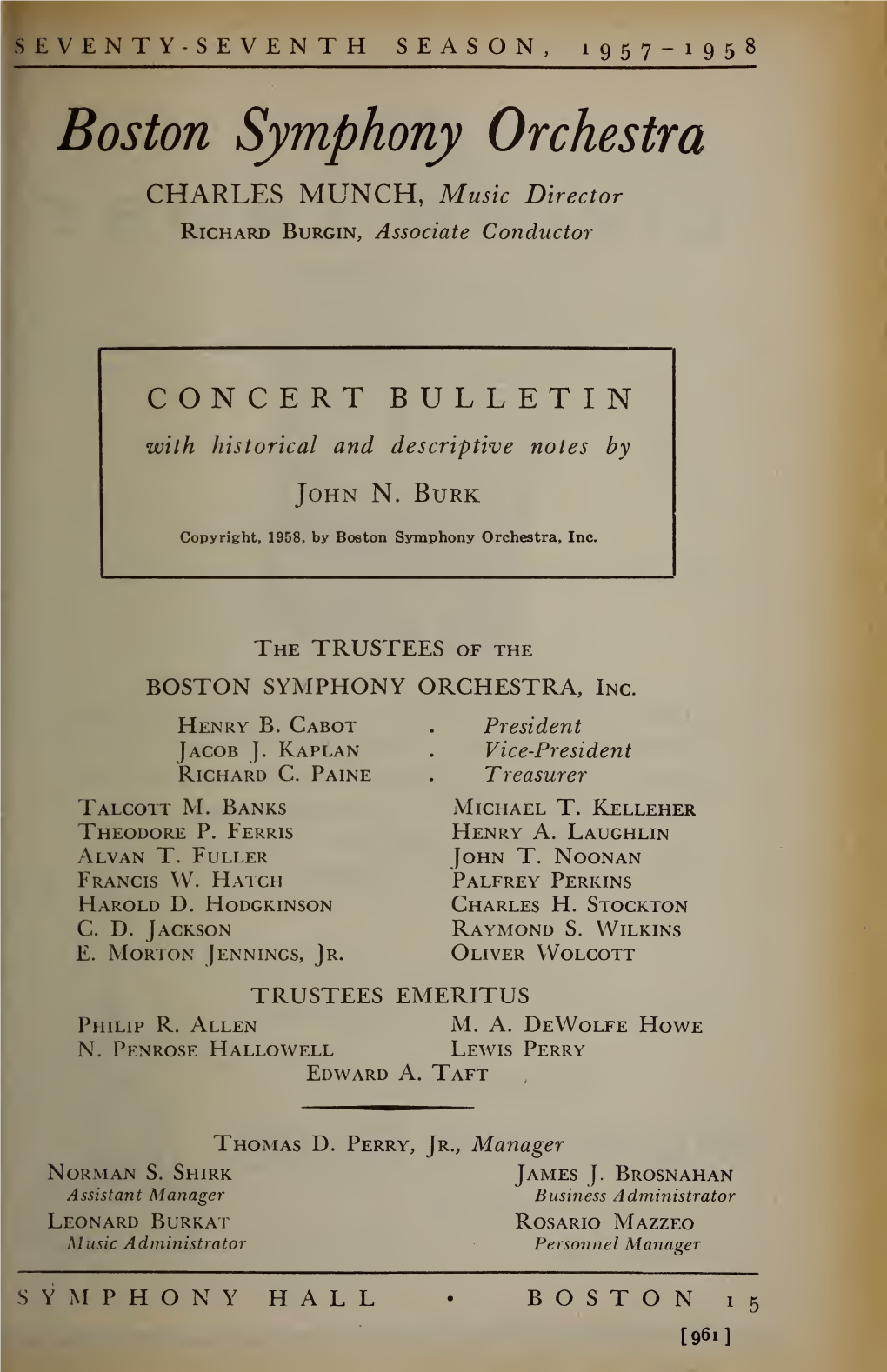 Boston Symphony Orchestra Concert Programs, Season 77, 1957-1958, Subscription