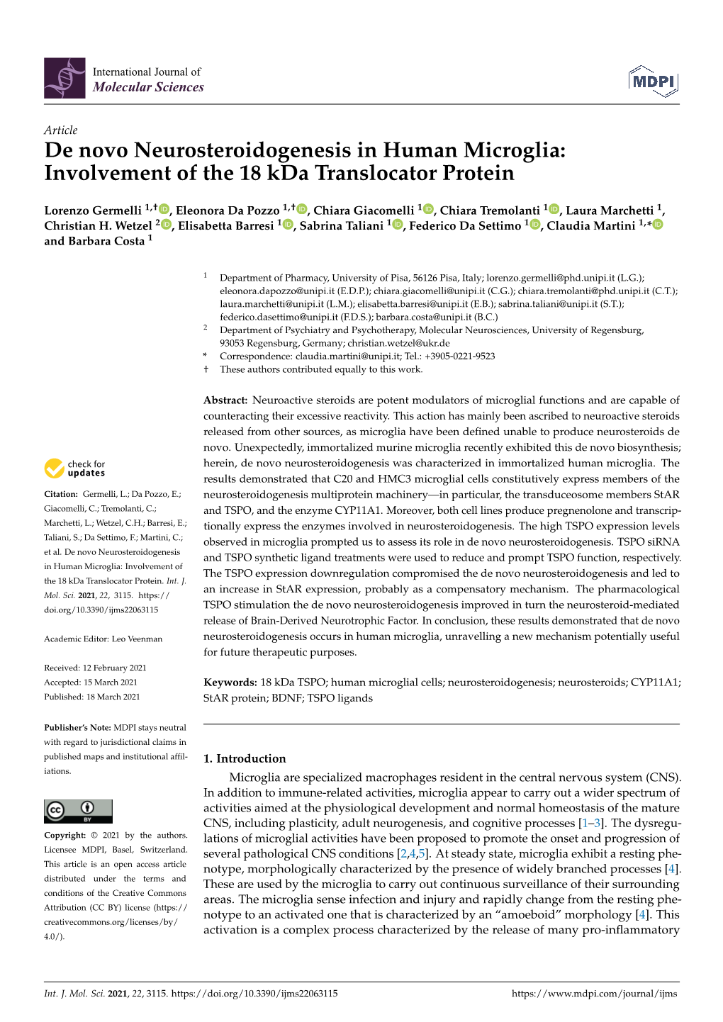 De Novo Neurosteroidogenesis in Human Microglia: Involvement of the 18 Kda Translocator Protein