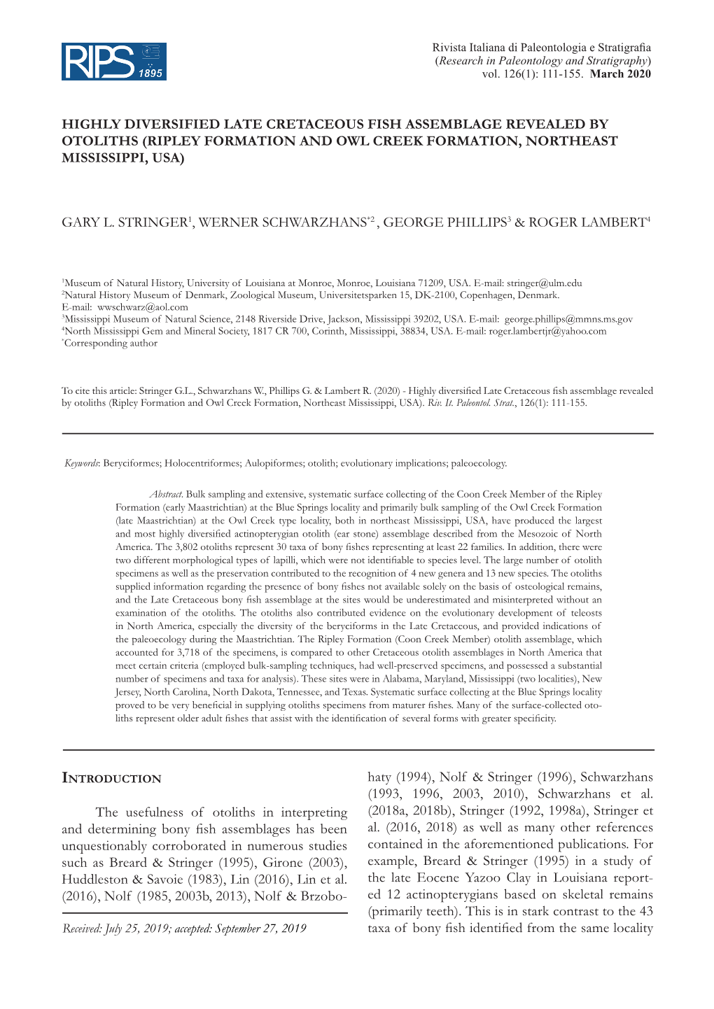 Highly Diversified Late Cretaceous Fish Assemblage Revealed by Otoliths (Ripley Formation and Owl Creek Formation, Northeast Mississippi, Usa)