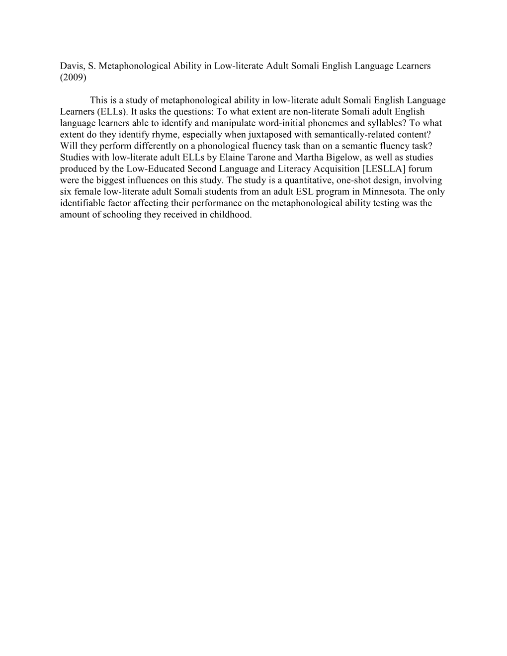 Davis, S. Metaphonological Ability in Low-Literate Adult Somali English Language Learners (2009)