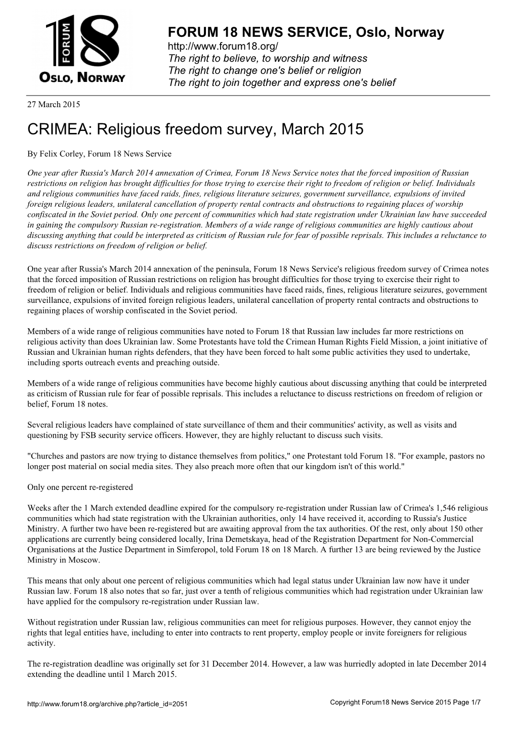 CRIMEA: Religious Freedom Survey, March 2015