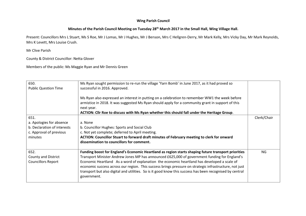 Wing Parish Council Minutes of the Parish Council Meeting on Tuesday