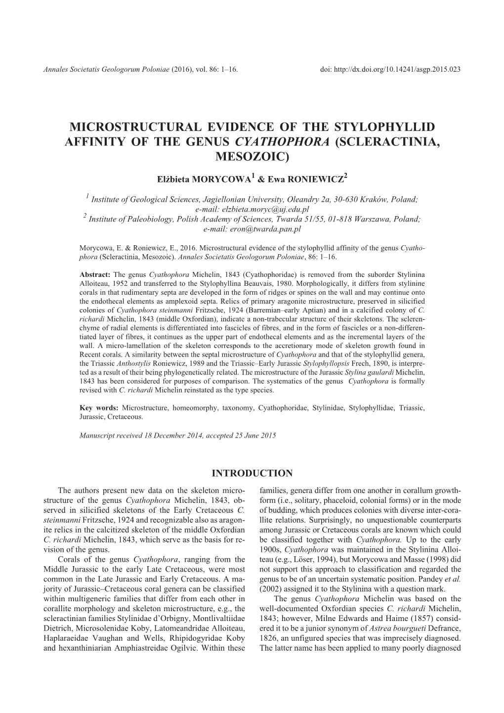 Microstructural Evidence of the Stylophyllid Affinity of the Genus Cyathophora (Scleractinia, Mesozoic)