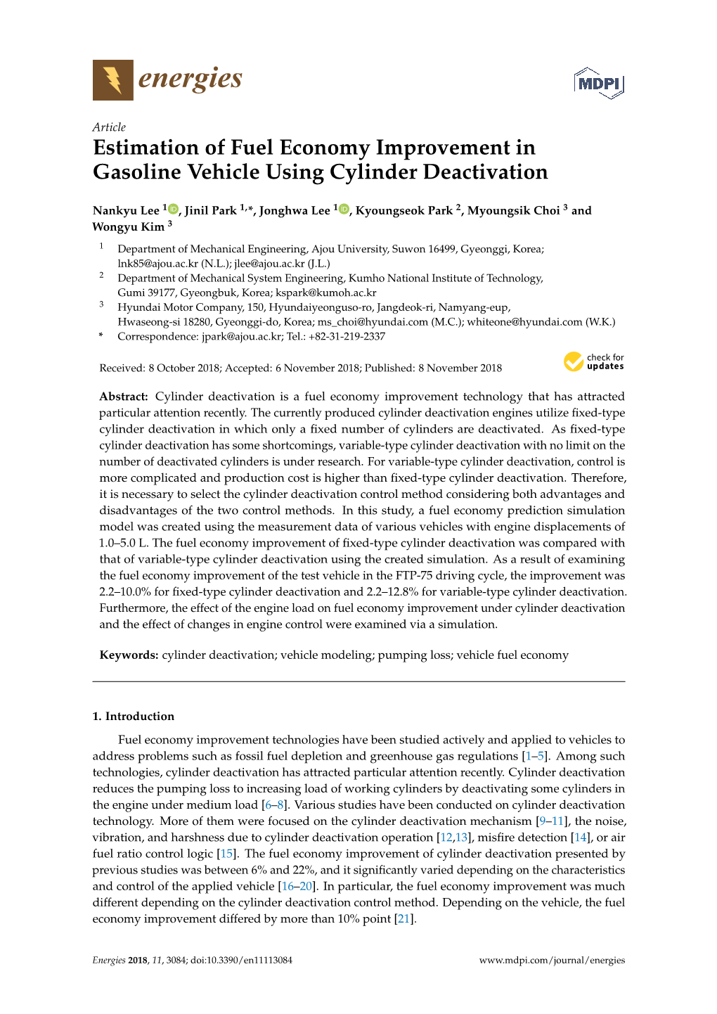 Estimation of Fuel Economy Improvement in Gasoline Vehicle Using Cylinder Deactivation