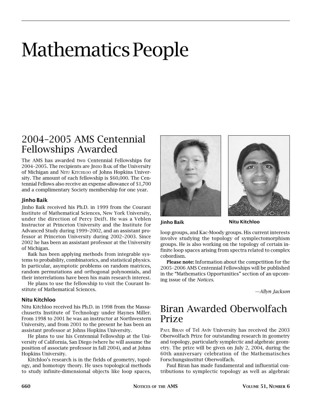 Mathematics People, Volume 51, Number 6