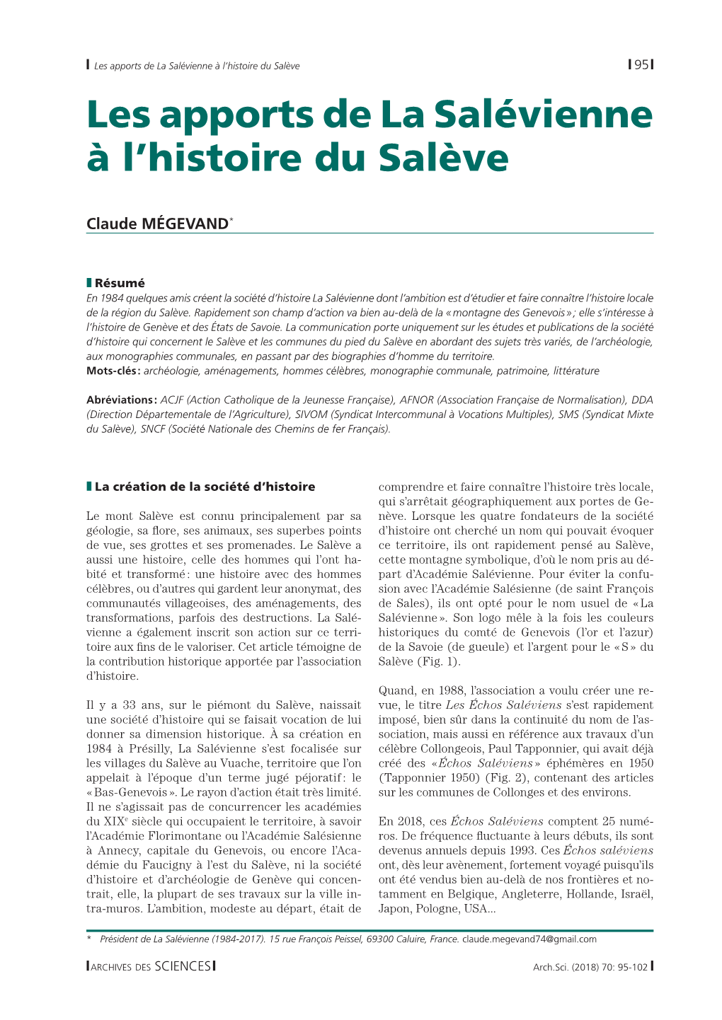 Les Apports De La Salévienne À L'histoire Du Salève