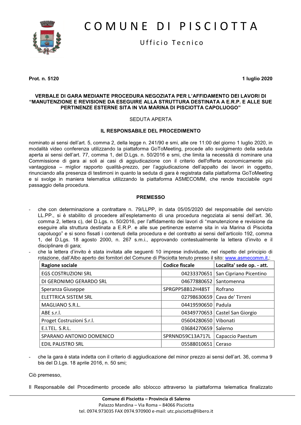 Comune Di Pisciotta Tenuto Presso Il Sito: Ragione Sociale Codice Fiscale Localita' Sede Op