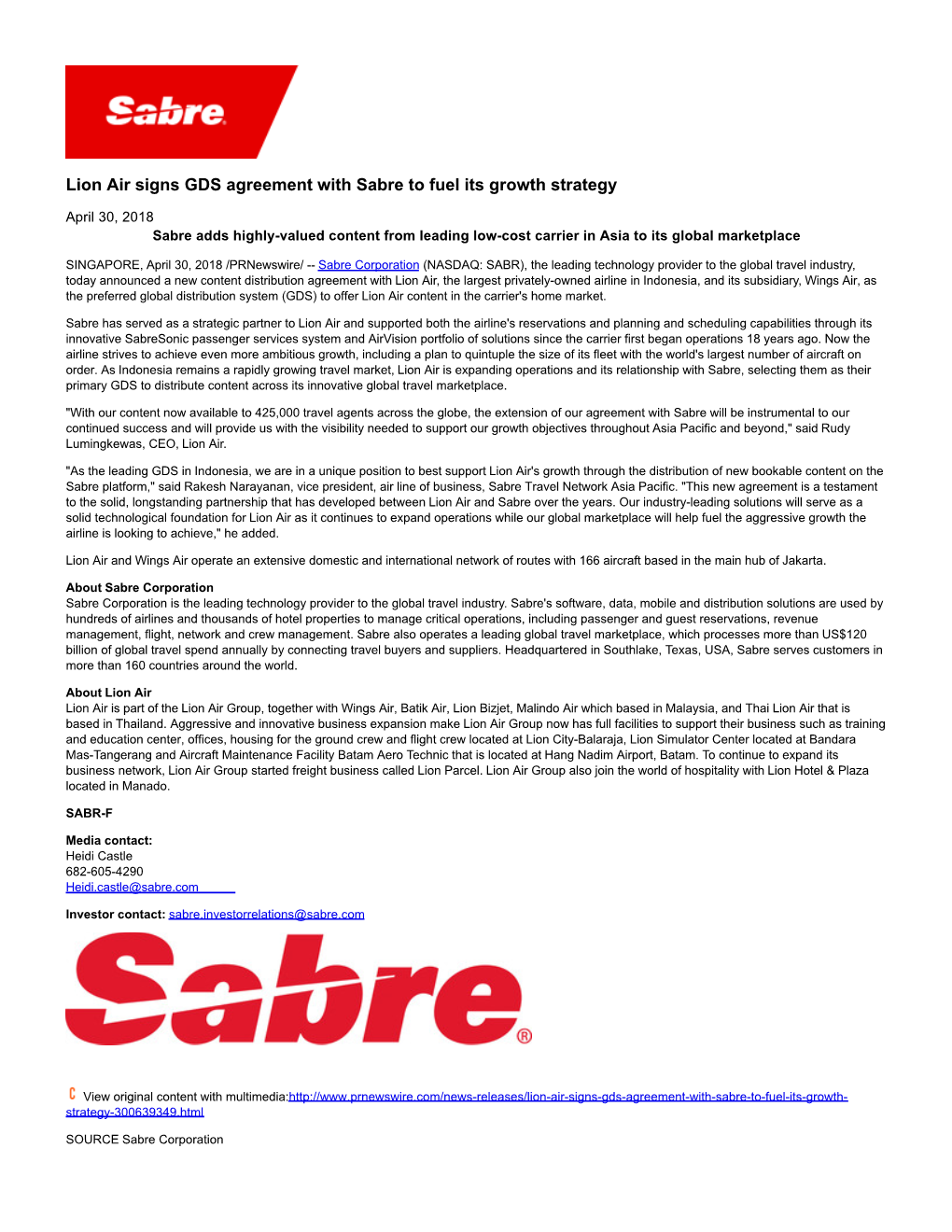 Lion Air Signs GDS Agreement with Sabre to Fuel Its Growth Strategy