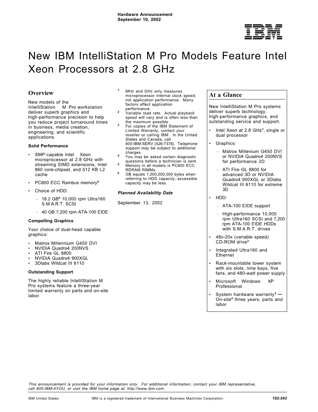 New IBM Intellistation M Pro Models Feature Intel Xeon Processors at 2.8 Ghz