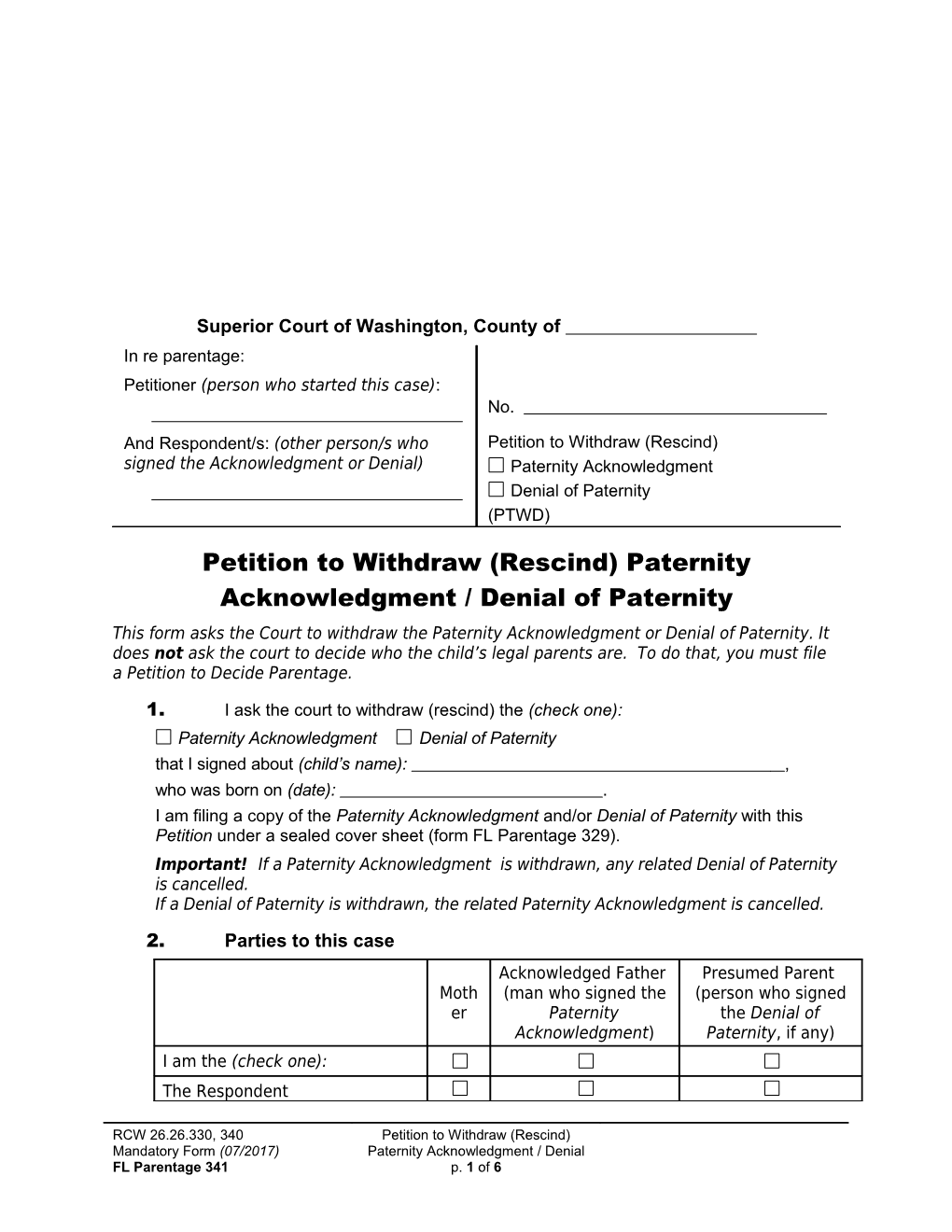 Petition to Withdraw (Rescind) Paternity Acknowledgment / Denial of Paternity