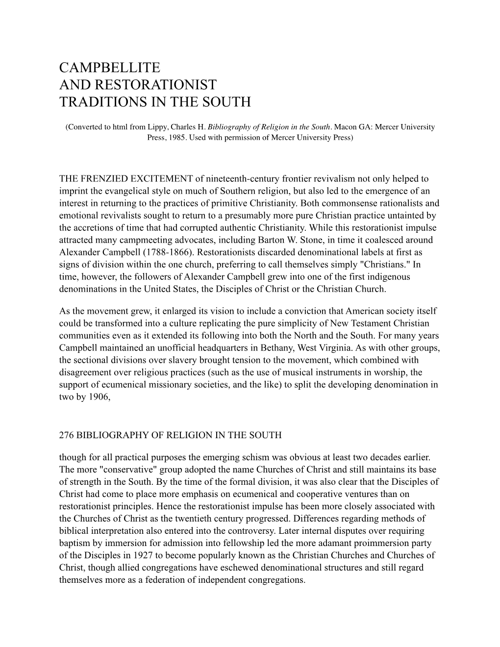 Campbellite and Restorationist Traditions in the South