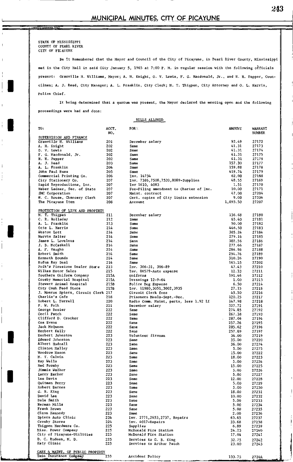 Municipal Minutes, City of Picayune