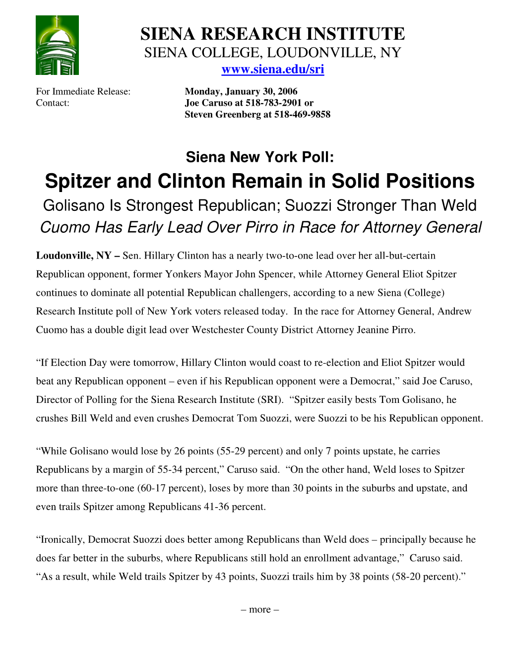 Spitzer and Clinton Remain in Solid Positions