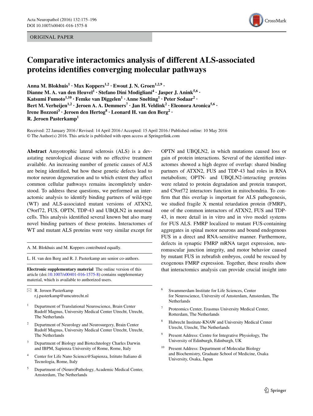 Comparative Interactomics Analysis of Different ALS-Associated Proteins