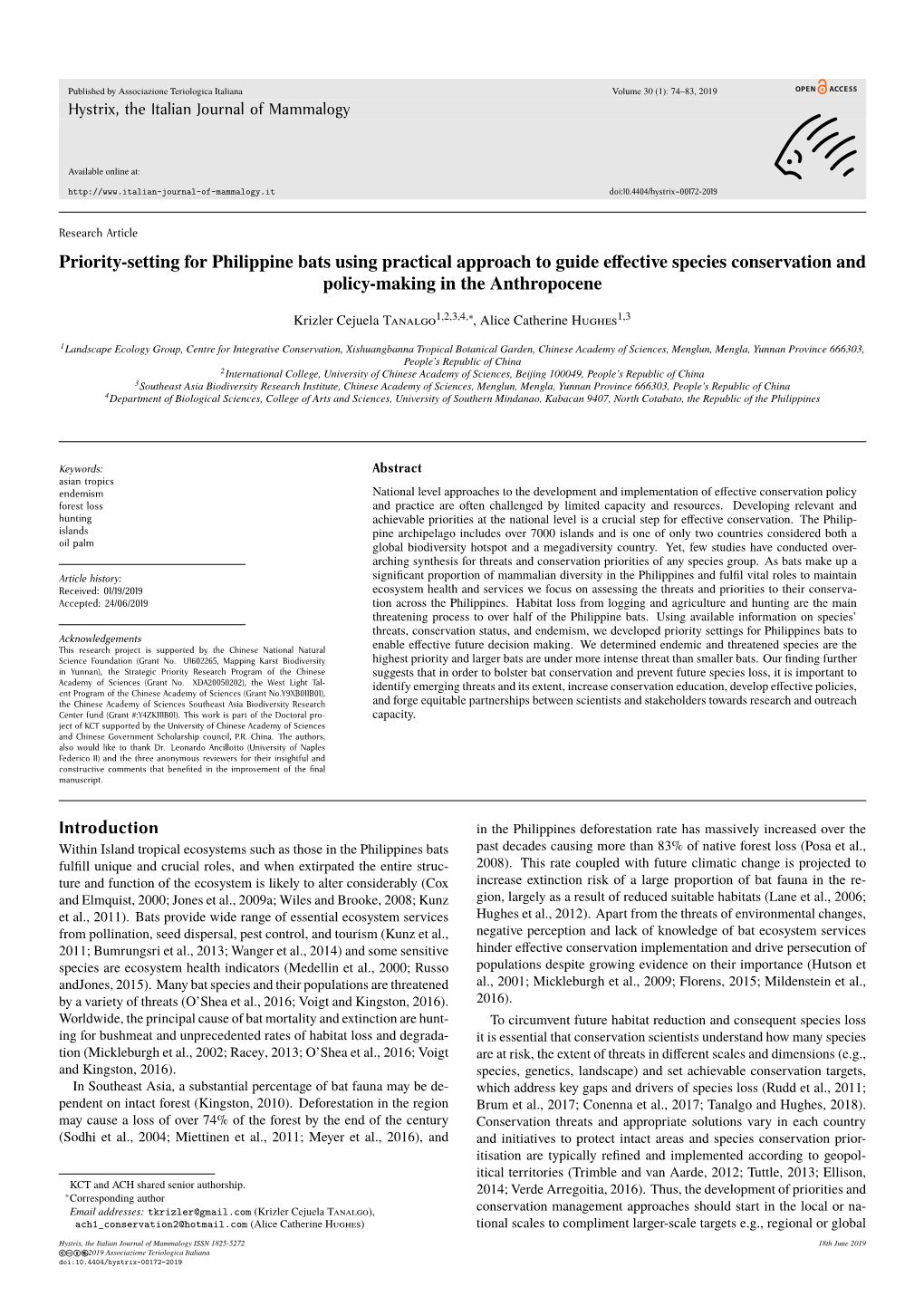 Priority-Setting for Philippine Bats Using Practical Approach to Guide Eﬀective Species Conservation and Policy-Making in the Anthropocene