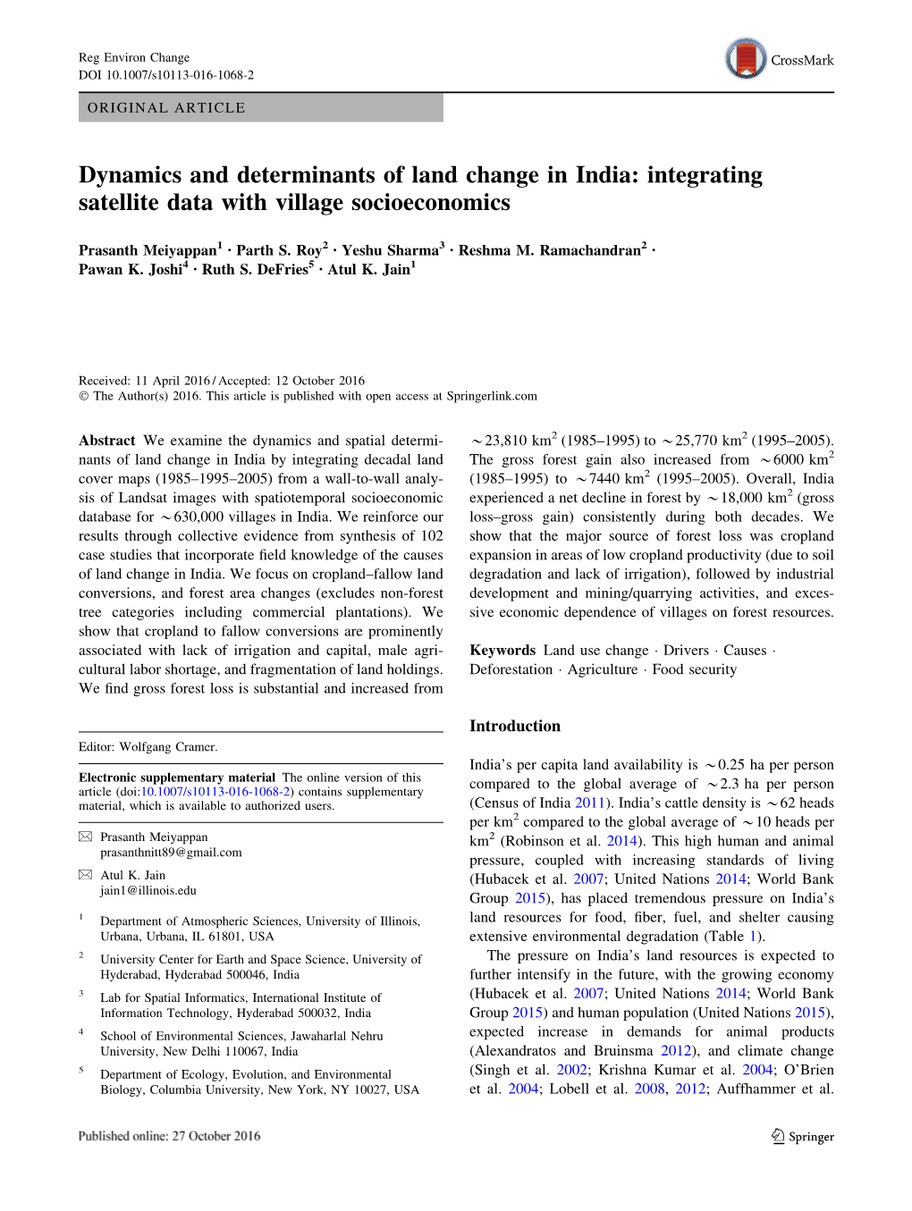 Dynamics and Determinants of Land Change in India: Integrating Satellite Data with Village Socioeconomics