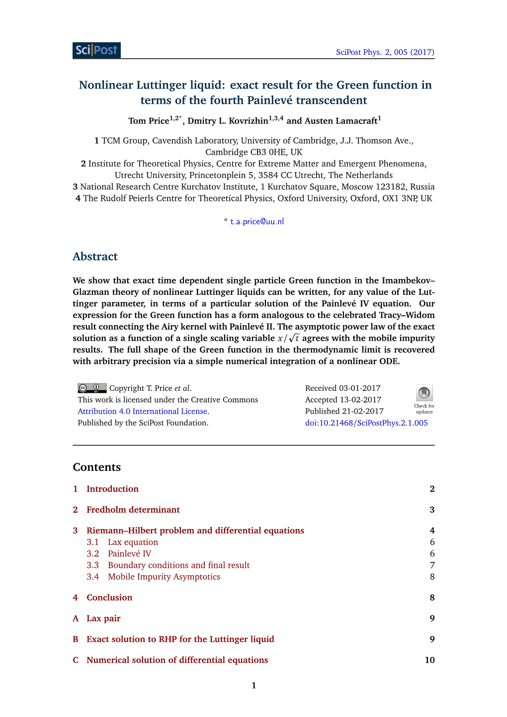 Nonlinear Luttinger Liquid: Exact Result for the Green Function in Terms of the Fourth Painlevé Transcendent