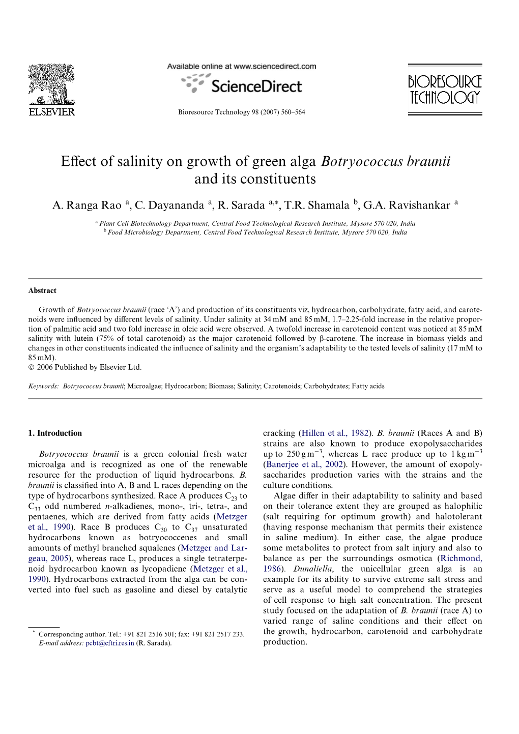 Effect of Salinity on Growth of Green Alga Botryococcus Braunii and Its