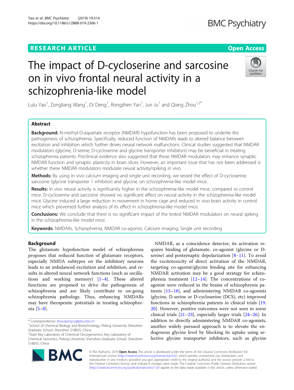 The Impact of D-Cycloserine and Sarcosine on in Vivo Frontal Neural