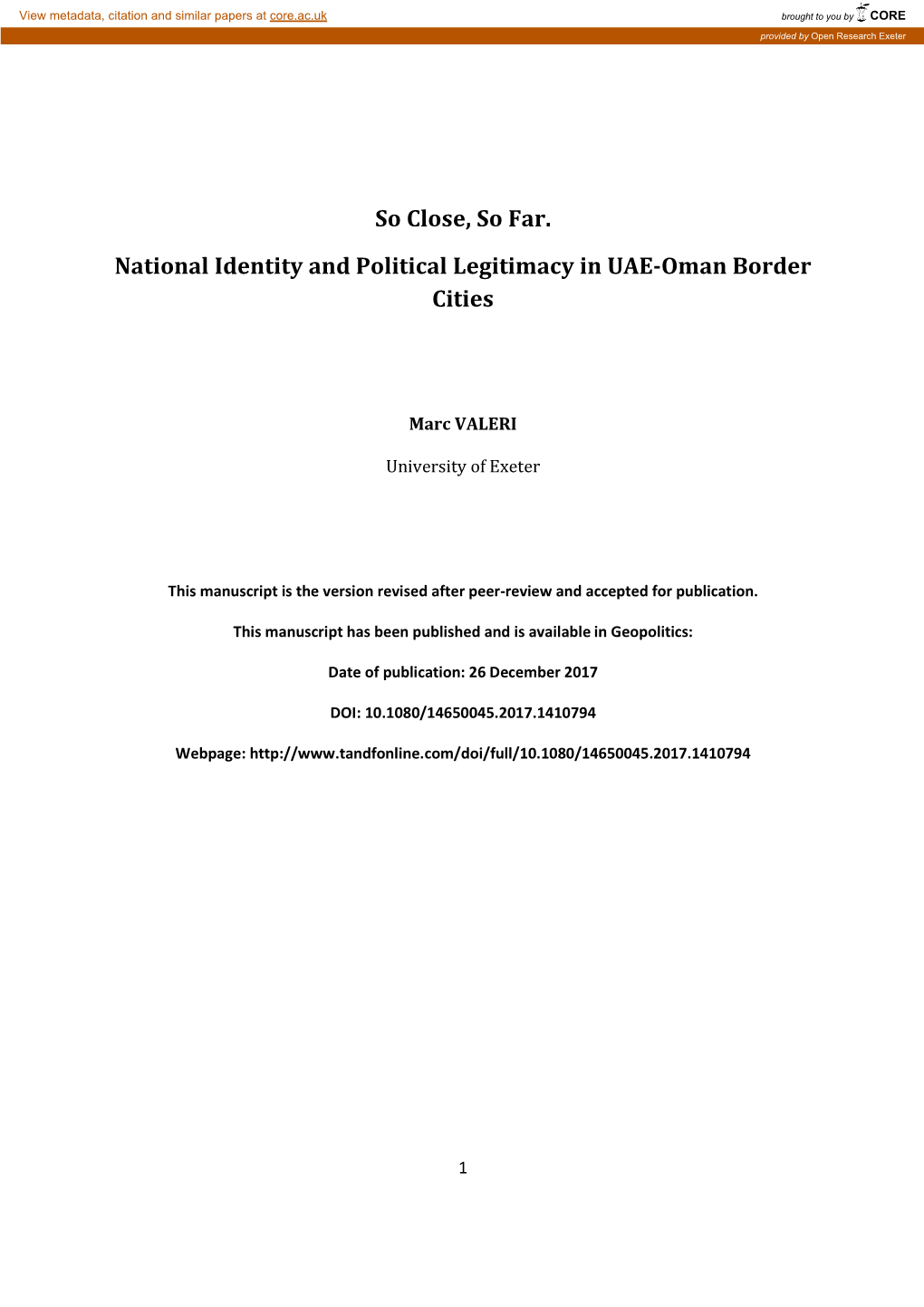 So Close, So Far. National Identity and Political Legitimacy in UAE-Oman Border Cities