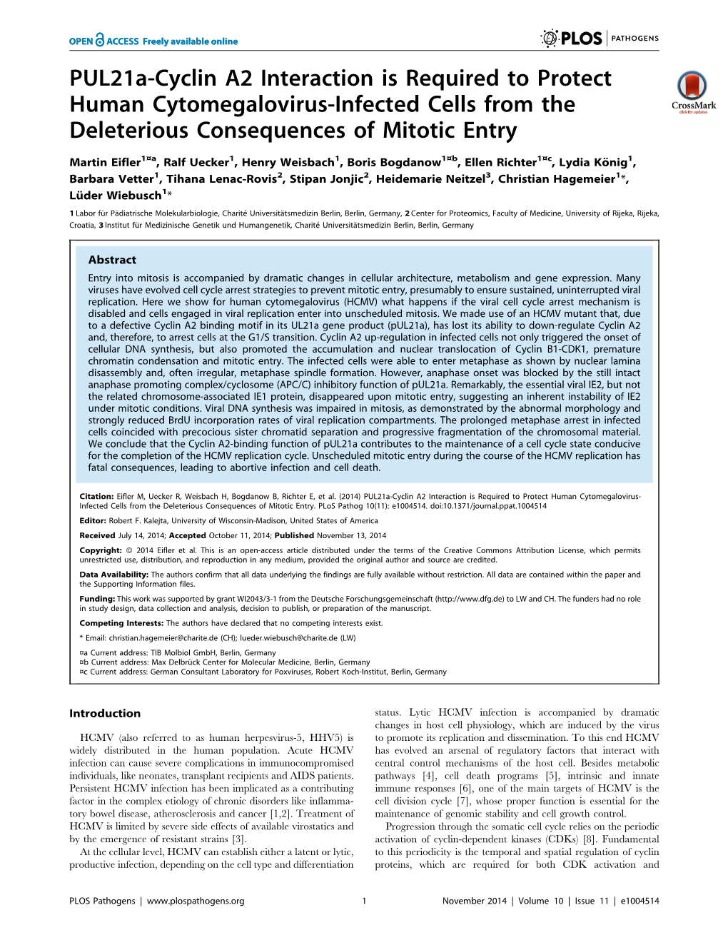 Pul21a-Cyclin A2 Interaction Is Required to Protect Human Cytomegalovirus-Infected Cells from the Deleterious Consequences of Mitotic Entry