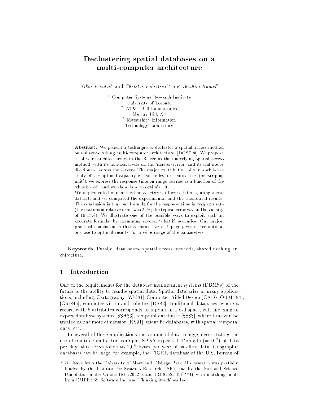 Declustering Spatial Databases on a Multi-Computer Architecture