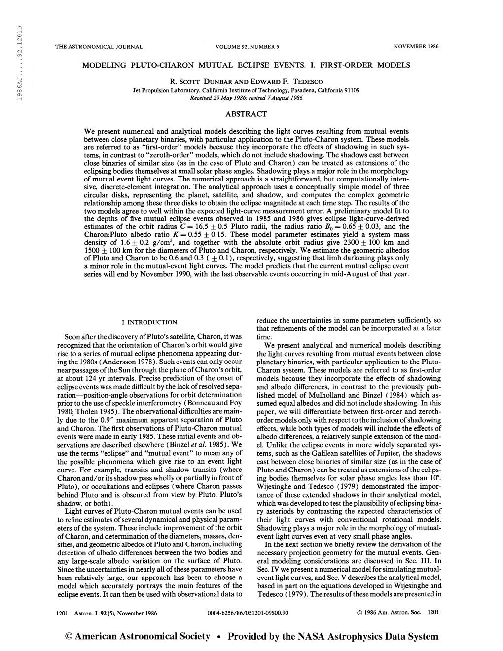 1986Aj 92.120Id the Astronomical Journal Volume 92, Number 5 November 1986 Modeling Pluto-Charon Mutual Eclipse Events. I. First