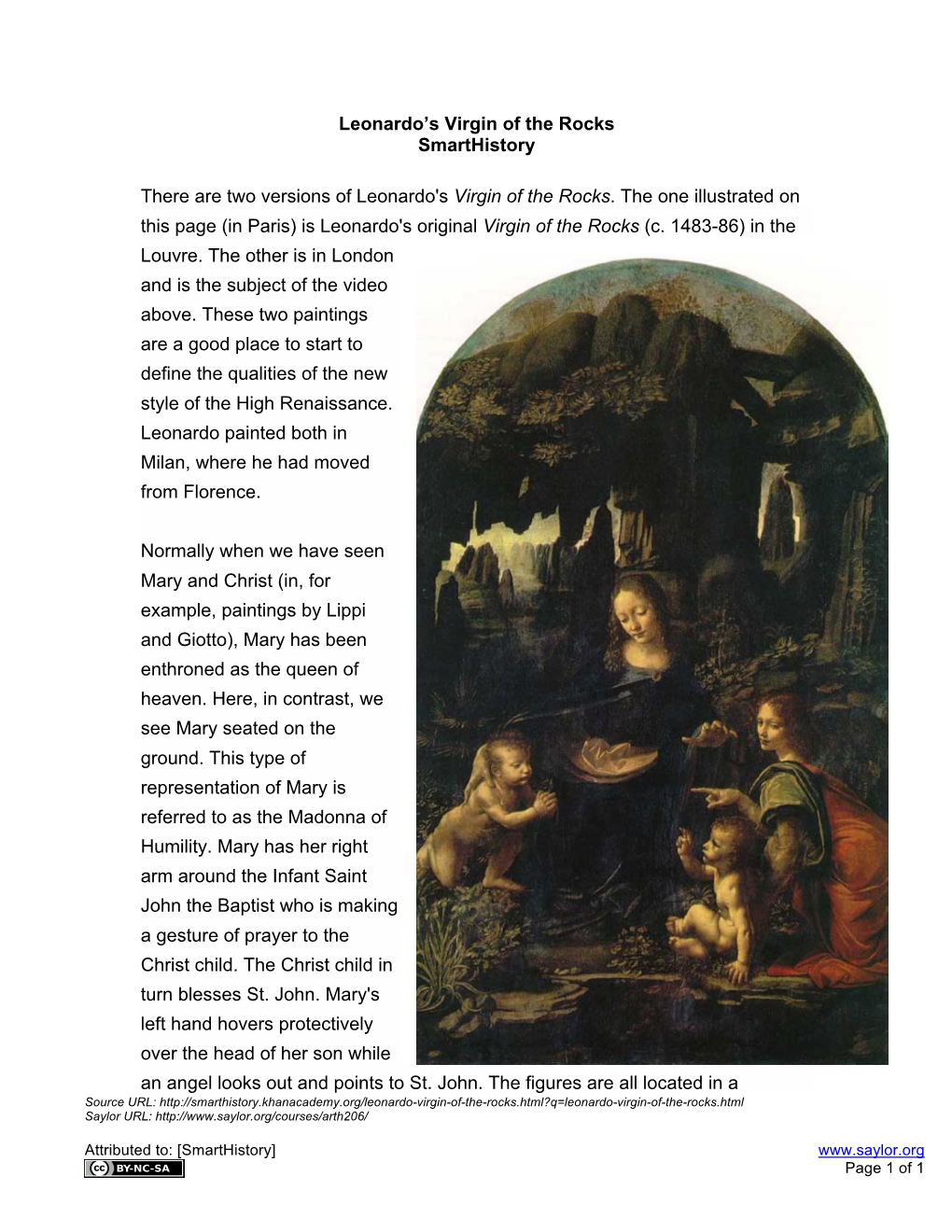 ARTH206-Leonardo Da Vinci, Virgin of the Rocks-Article-Upload