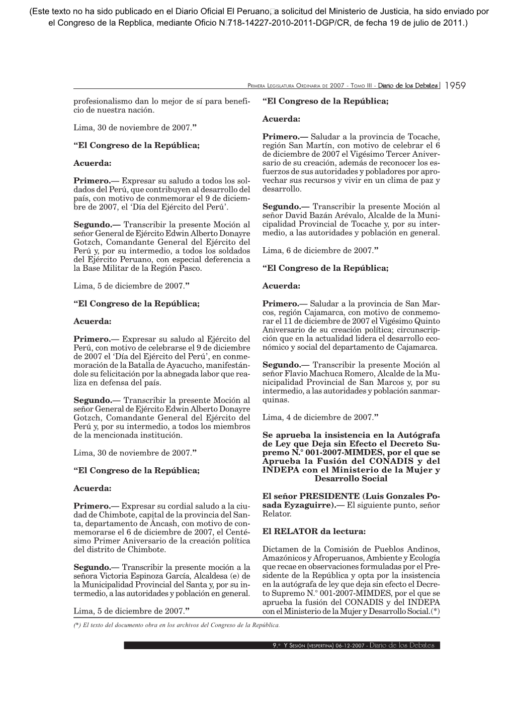 Cio De Nuestra Nación. Lima, 30 De Noviembre De 2007