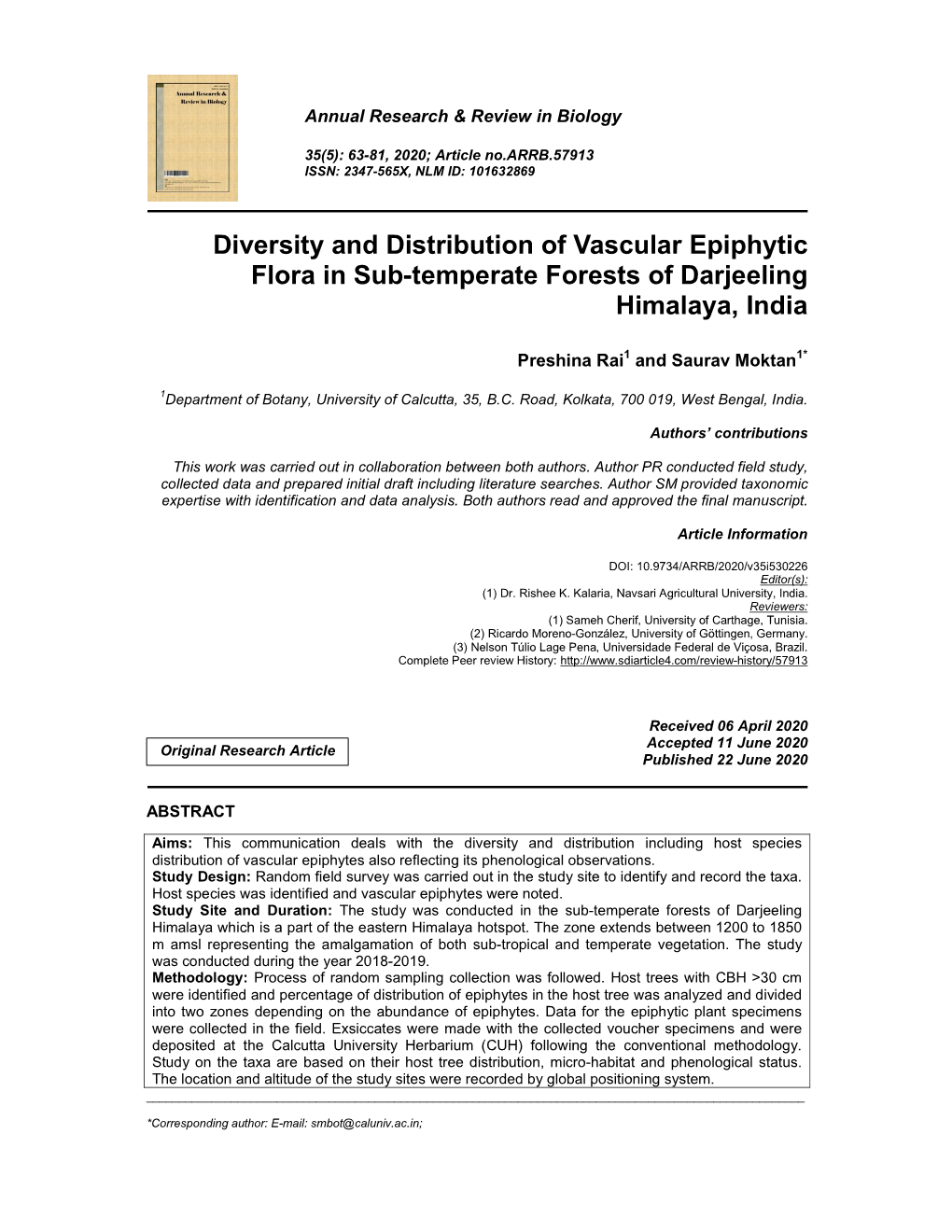 Diversity and Distribution of Vascular Epiphytic Flora in Sub-Temperate Forests of Darjeeling Himalaya, India