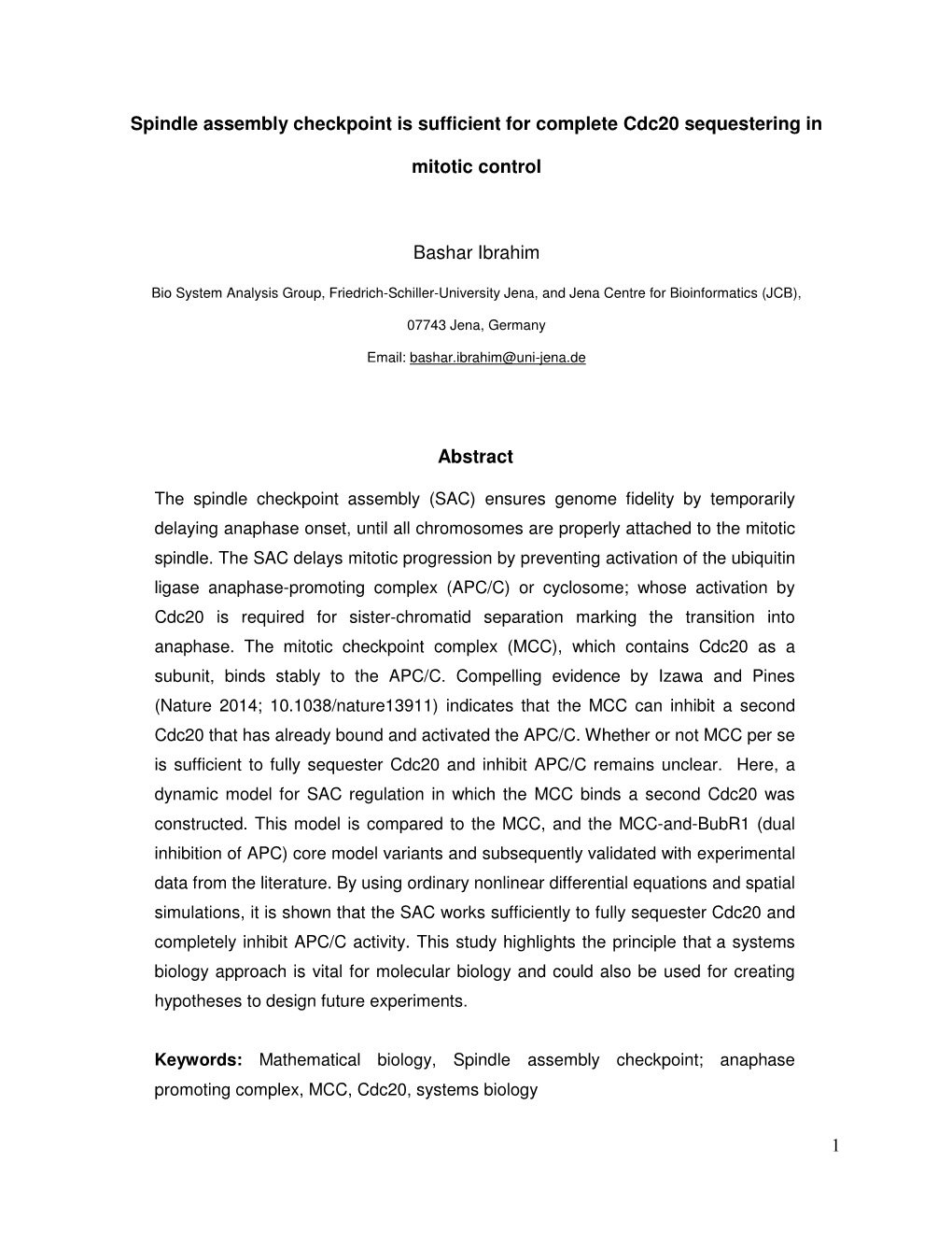 1 Spindle Assembly Checkpoint Is Sufficient for Complete Cdc20