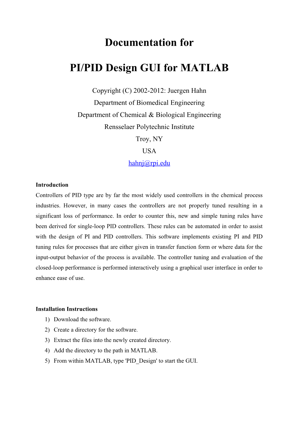 Documentation: PID Design GUI