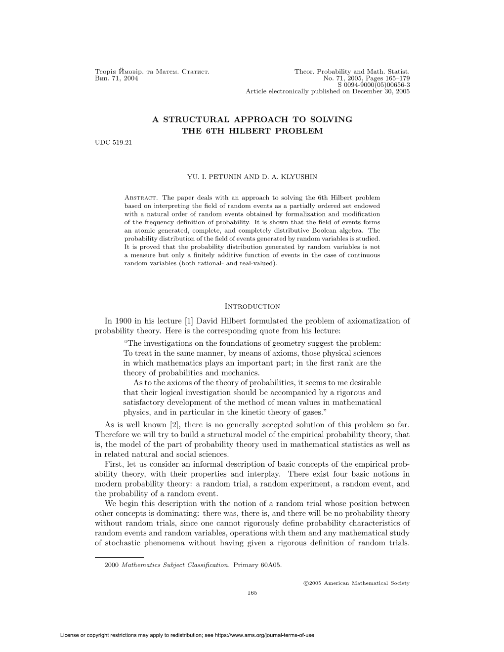 A Structural Approach to Solving the 6Th Hilbert Problem Udc 519.21