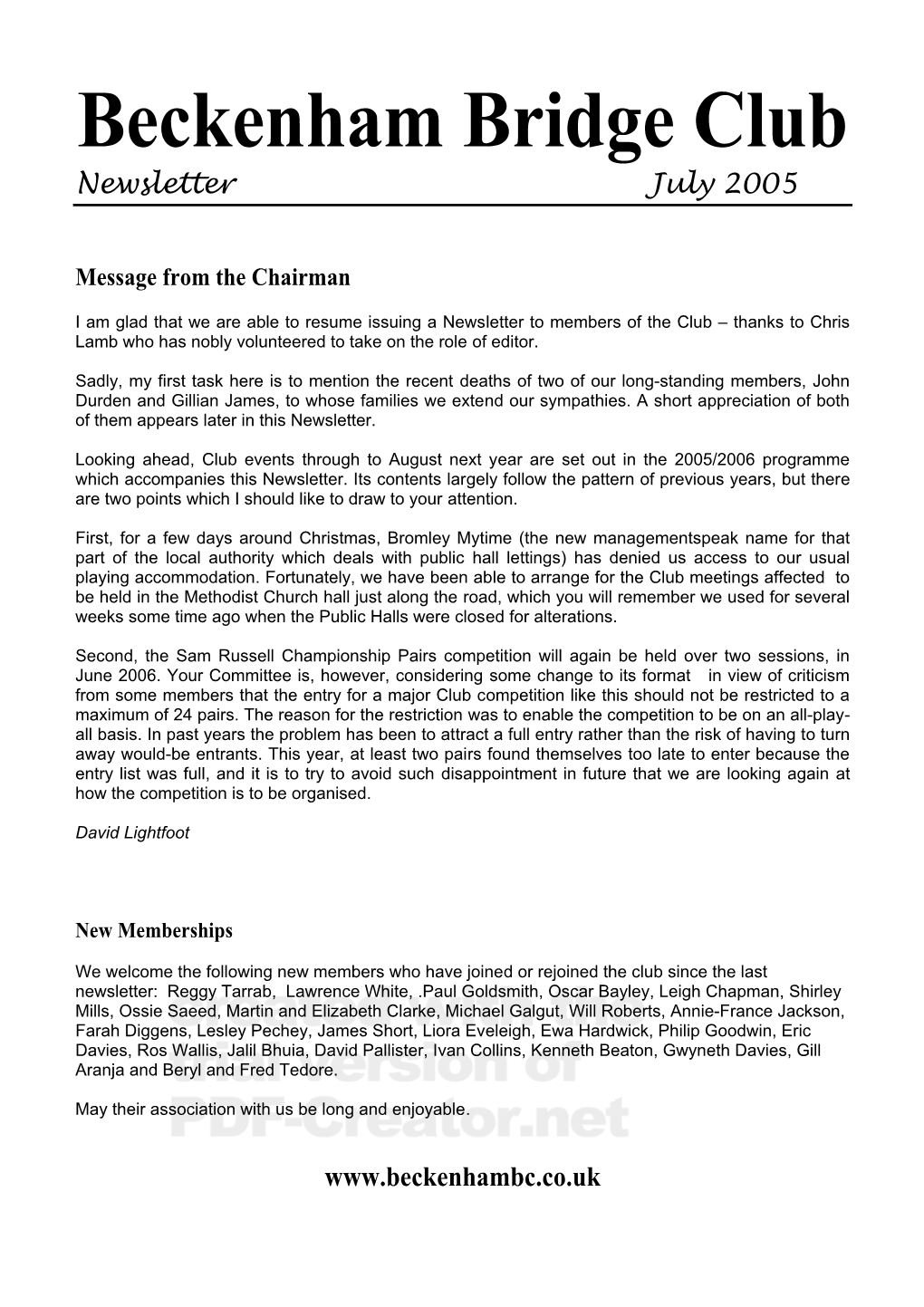 Newsletter July 2005