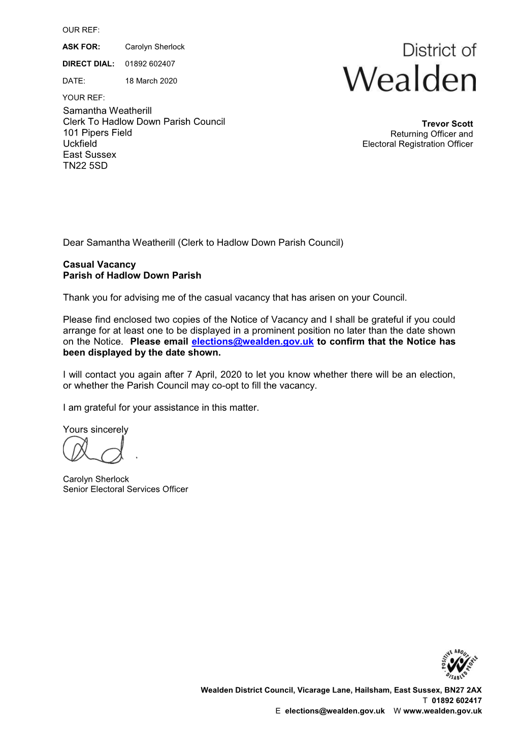 Notice of Vacancy in Office of Councillor Parish of Hadlow