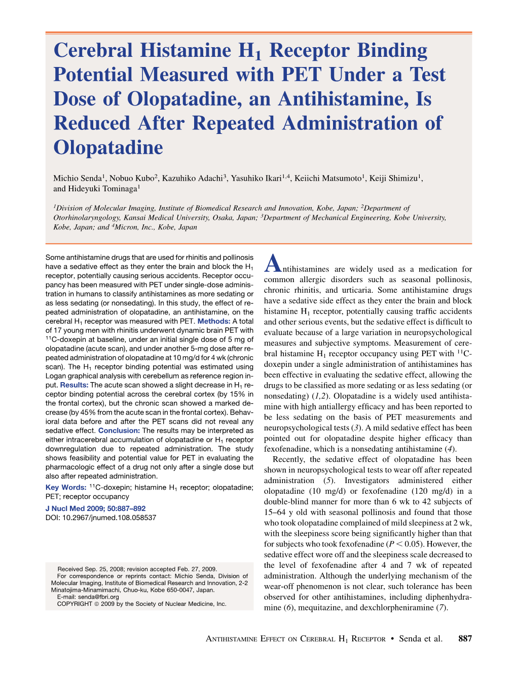 Cerebral Histamine H1 Receptor Binding Potential Measured With