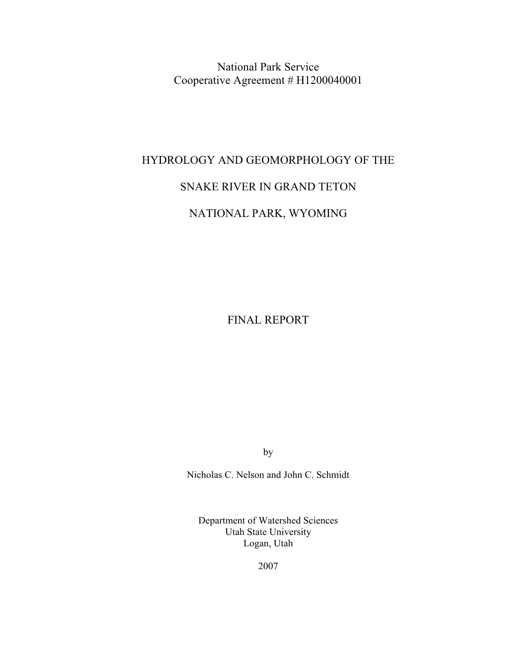 National Park Service Cooperative Agreement # H1200040001