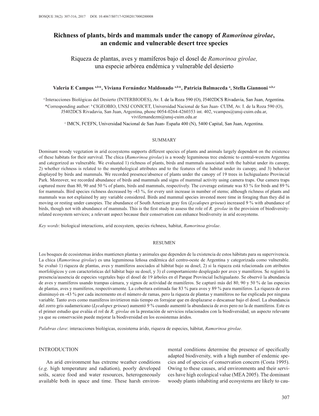 Richness of Plants, Birds and Mammals Under the Canopy of Ramorinoa Girolae, an Endemic and Vulnerable Desert Tree Species