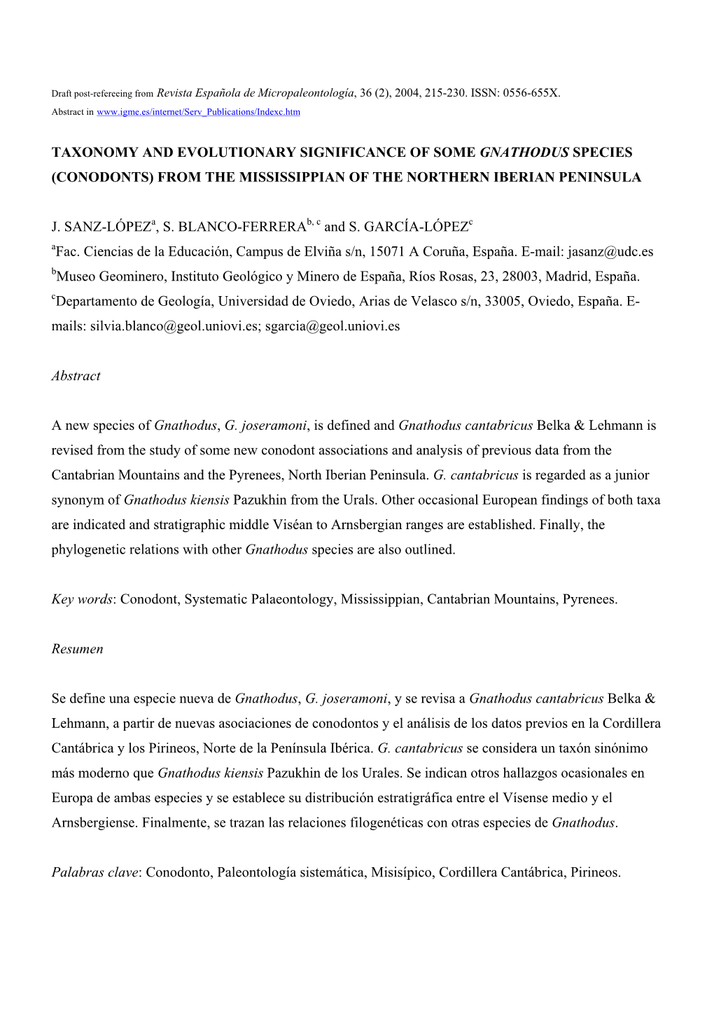 Taxonomy and Evolutionary Significance of Some Gnathodus Species (Conodonts) from the Mississippian of the Northern Iberian Peninsula