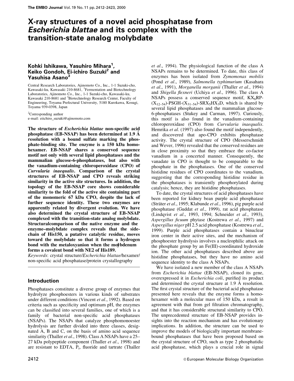 X-Ray Structures of a Novel Acid Phosphatase from Escherichia Blattae and Its Complex with the Transition-State Analog Molybdate