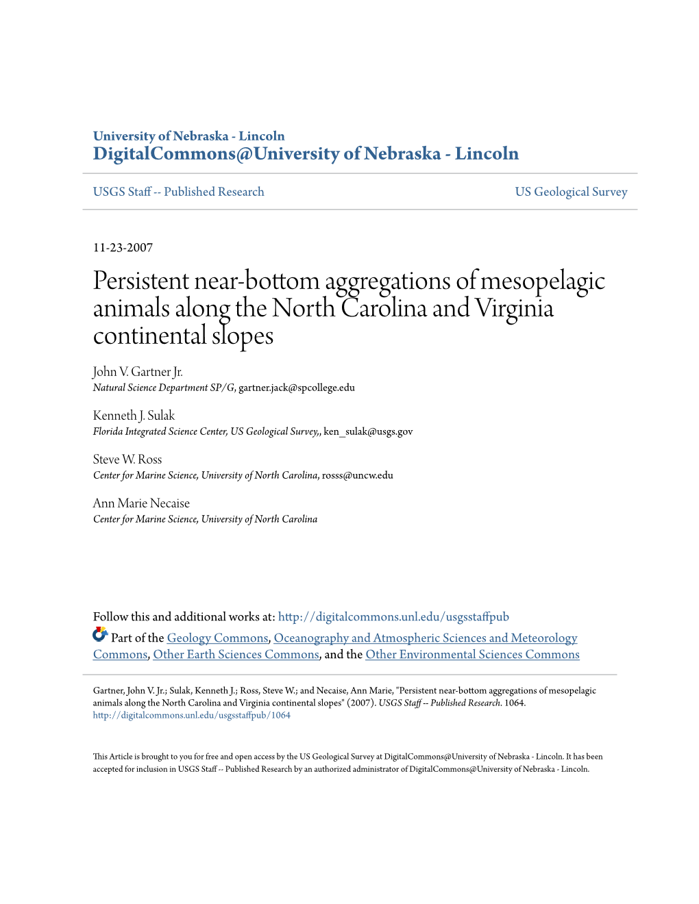 Persistent Near-Bottom Aggregations of Mesopelagic Animals Along the North Carolina and Virginia Continental Slopes John V