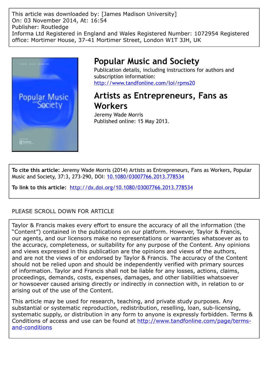 Popular Music and Society Artists As Entrepreneurs, Fans As Workers