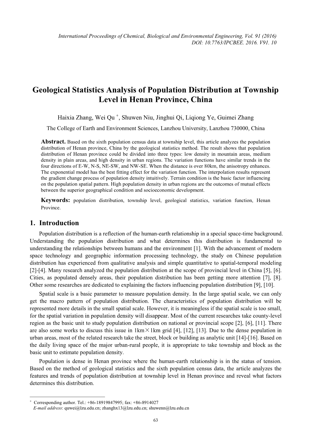 Geological Statistics Analysis of Population Distribution at Township Level in Henan Province, China