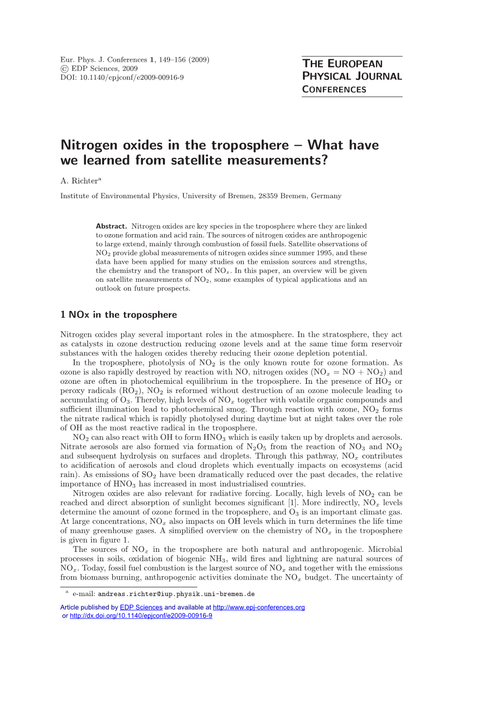 Nitrogen Oxides in the Troposphere – What Have We Learned from Satellite Measurements?