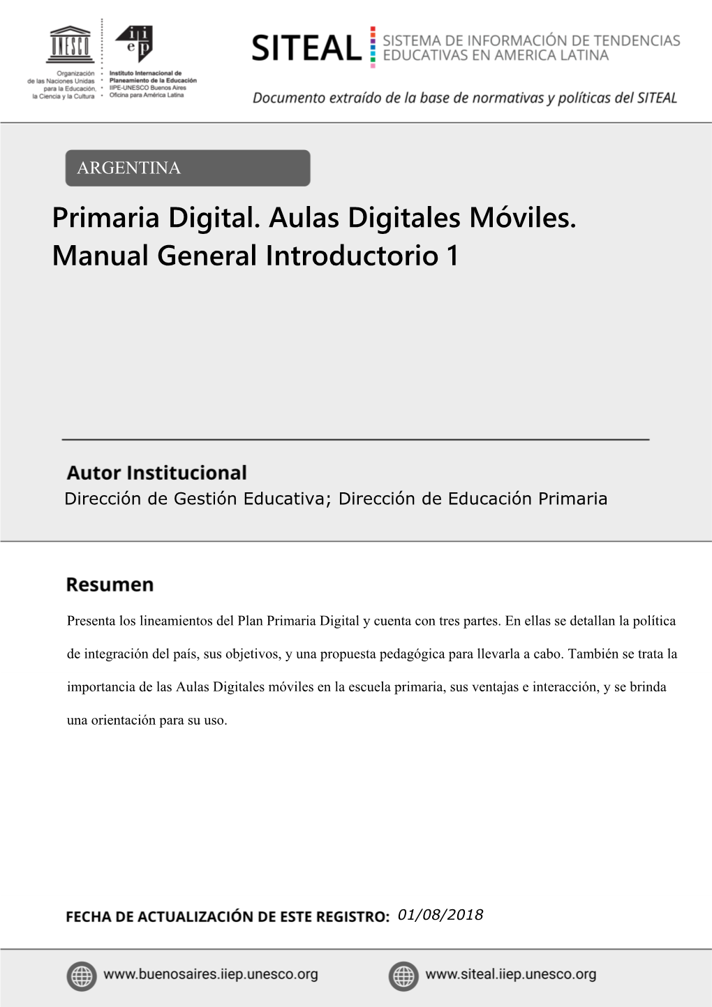 Primaria Digital. Aulas Digitales Móviles. Manual General Introductorio 1