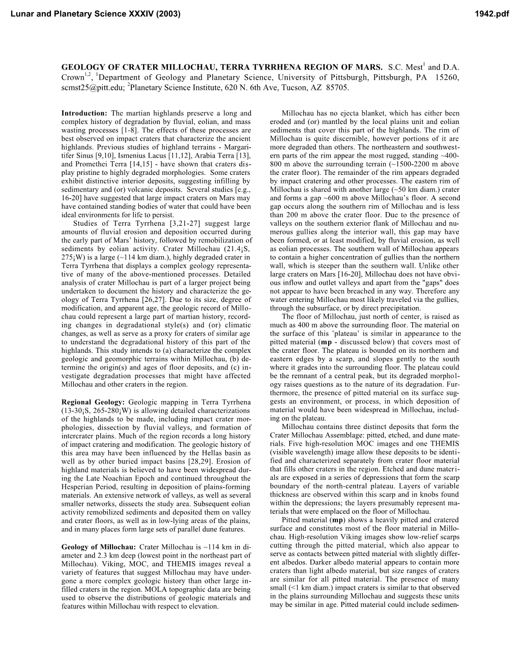 Geology of Crater Millochau, Terra Tyrrhena Region of Mars