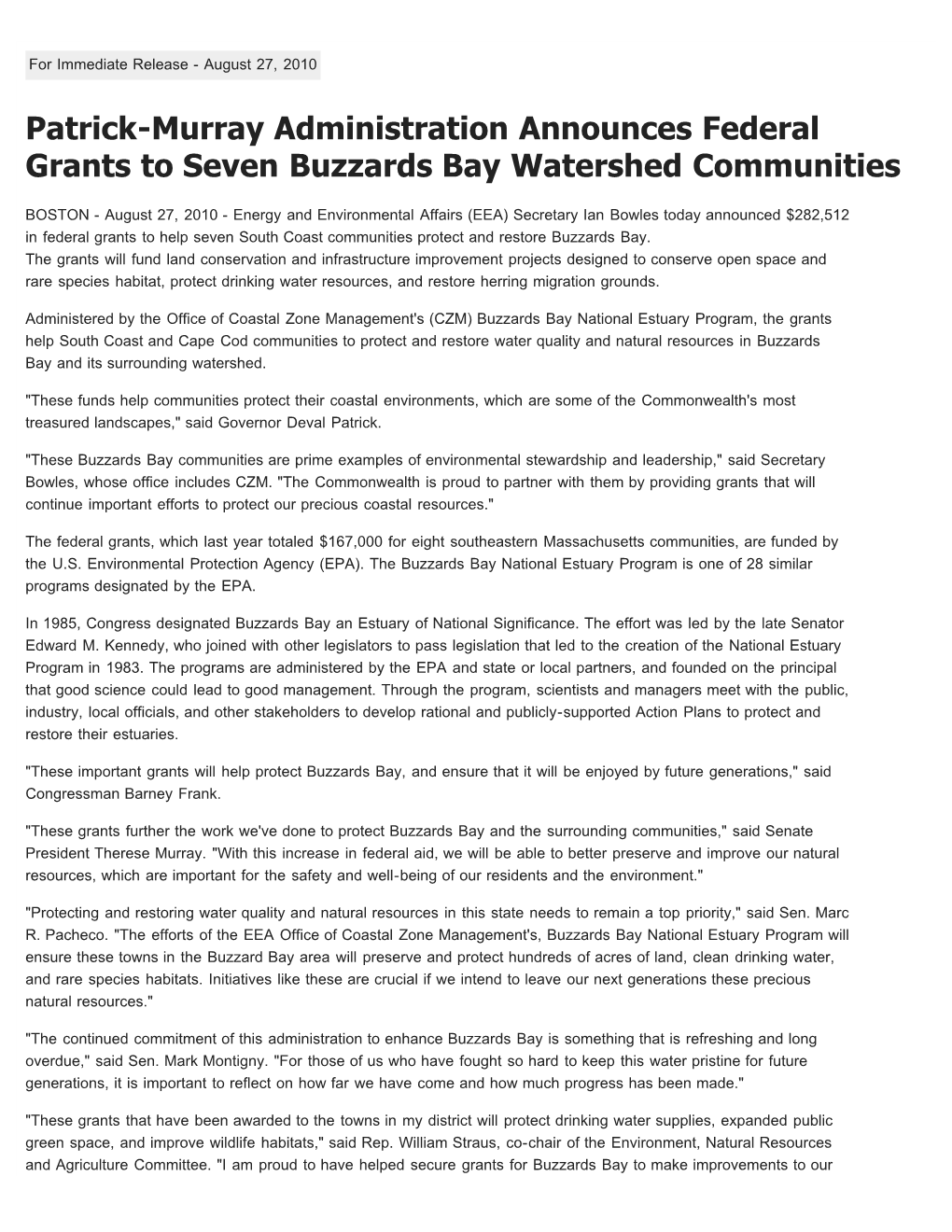 Patrick-Murray Administration Announces Federal Grants to Seven Buzzards Bay Watershed Communities