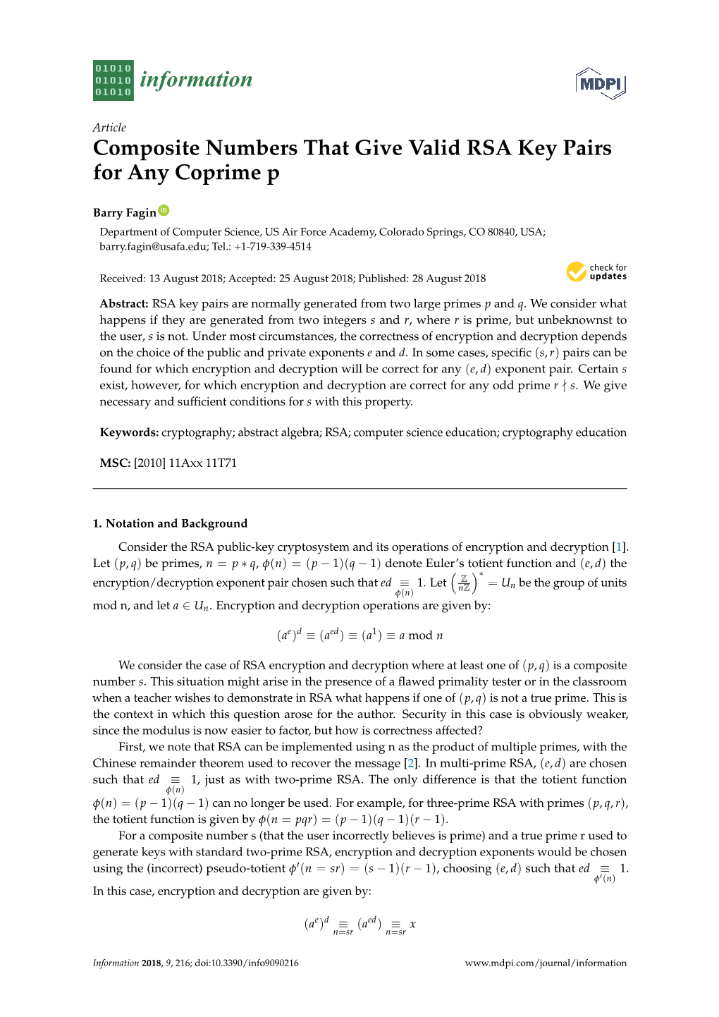 Composite Numbers That Give Valid RSA Key Pairs for Any Coprime P