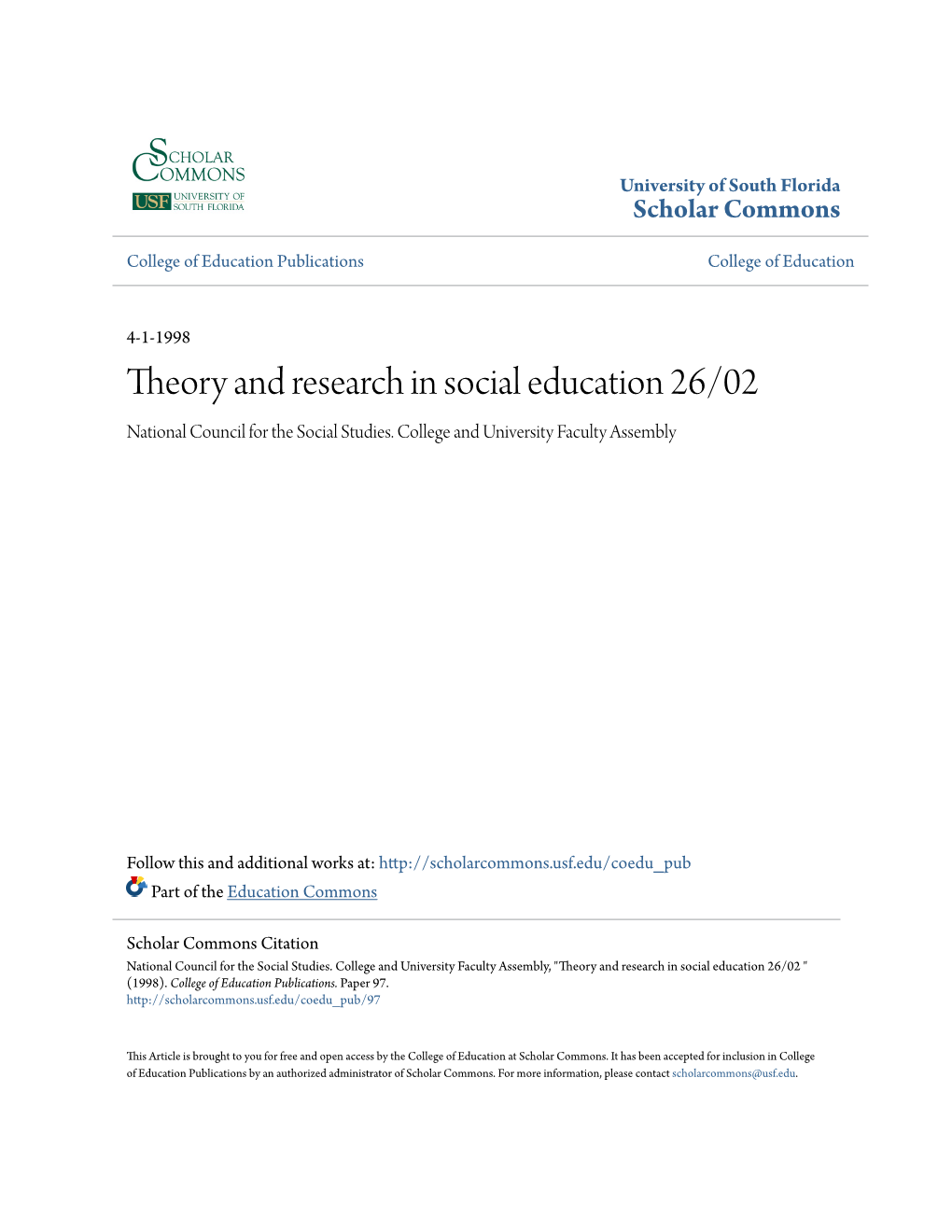 Theory and Research in Social Education 26/02 National Council for the Social Studies