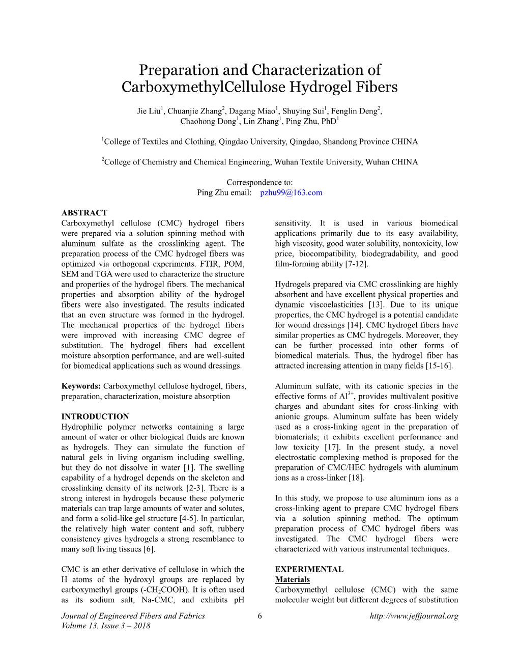 Preparation and Characterization of Carboxymethylcellulose Hydrogel Fibers